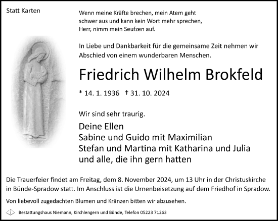 Traueranzeige von Friedrich Wilhelm Brokfeld von Neue Westfälische