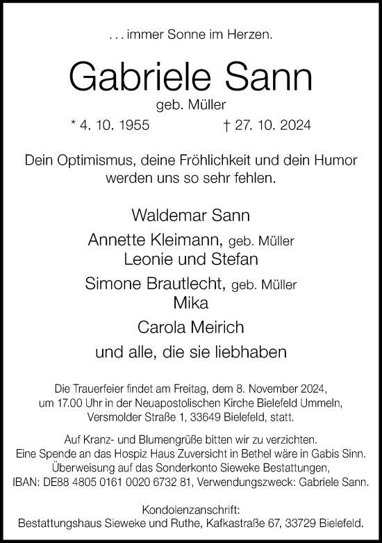 Traueranzeige von Gabriele Sann von Neue Westfälische