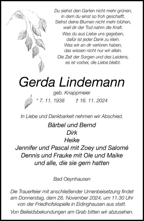 Traueranzeige von Gerda Lindemann von Neue Westfälische