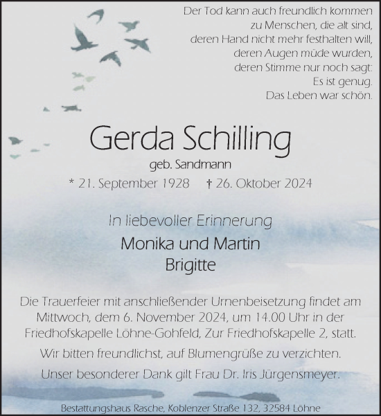 Traueranzeige von Gerda Schilling von Neue Westfälische