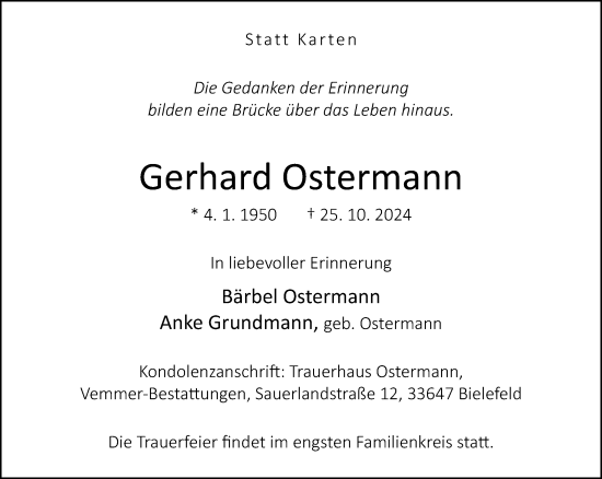 Traueranzeige von Gerhard Ostermann von Neue Westfälische