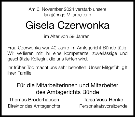 Traueranzeige von Gisela Czerwonka von Neue Westfälische