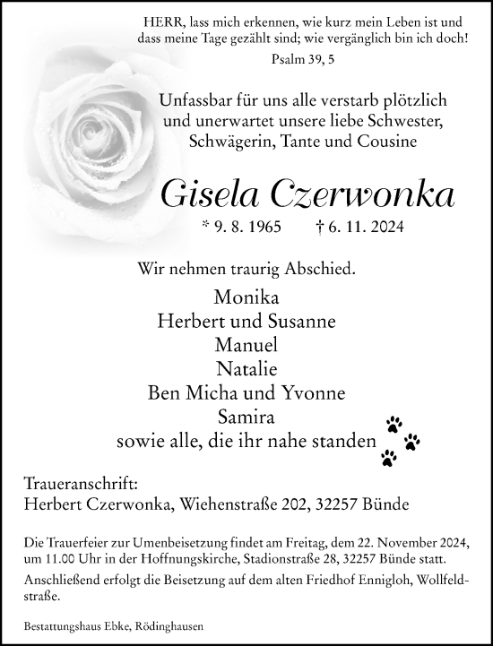 Traueranzeige von Gisela Czerwonka von Neue Westfälische