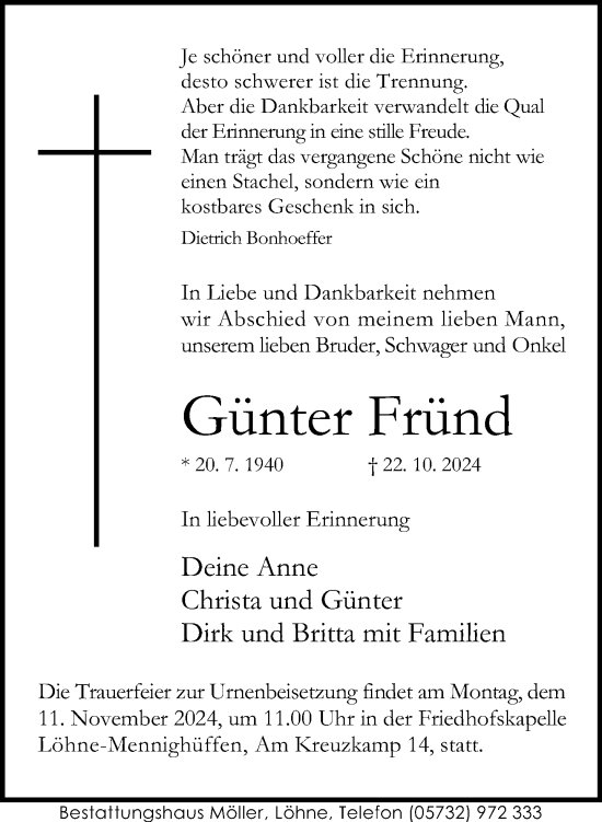 Traueranzeige von Günter Fründ von Neue Westfälische