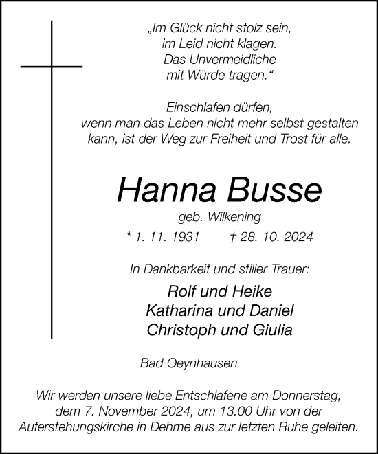 Traueranzeige von Hanna Busse von Neue Westfälische