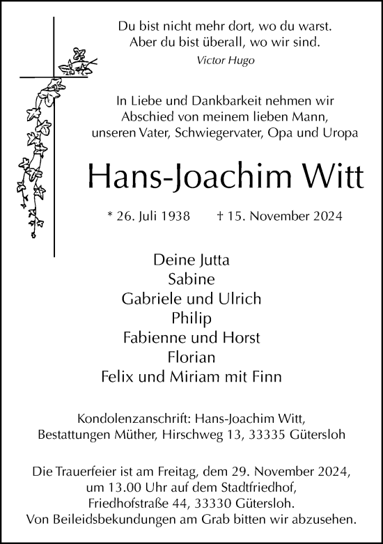 Traueranzeige von Hans-Joachim Witt von Neue Westfälische