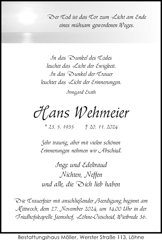 Traueranzeige von Hans Wehmeier von Neue Westfälische