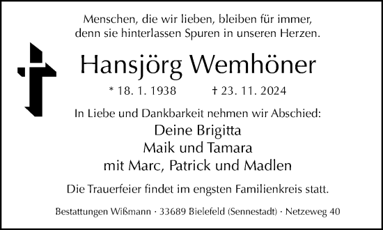 Traueranzeige von Hansjörg Wemhöner von Neue Westfälische