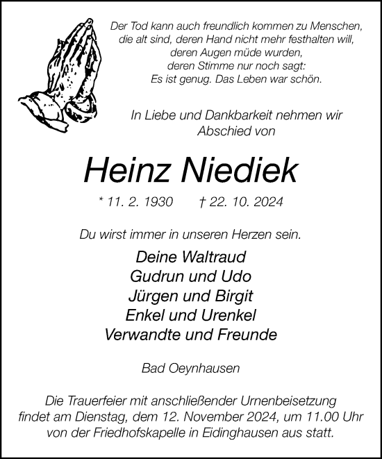 Traueranzeige von Heinz Niediek von Neue Westfälische