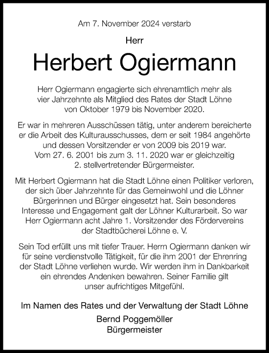 Traueranzeige von Herbert Ogiermann von Neue Westfälische