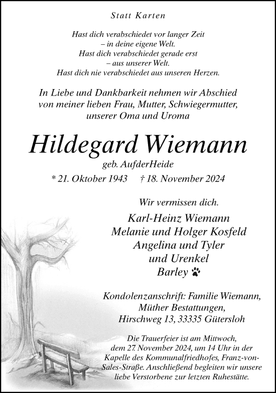 Traueranzeige von Hildegard Wiemann von Neue Westfälische