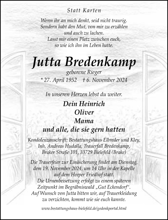 Traueranzeige von Jutta Bredenkamp von Neue Westfälische