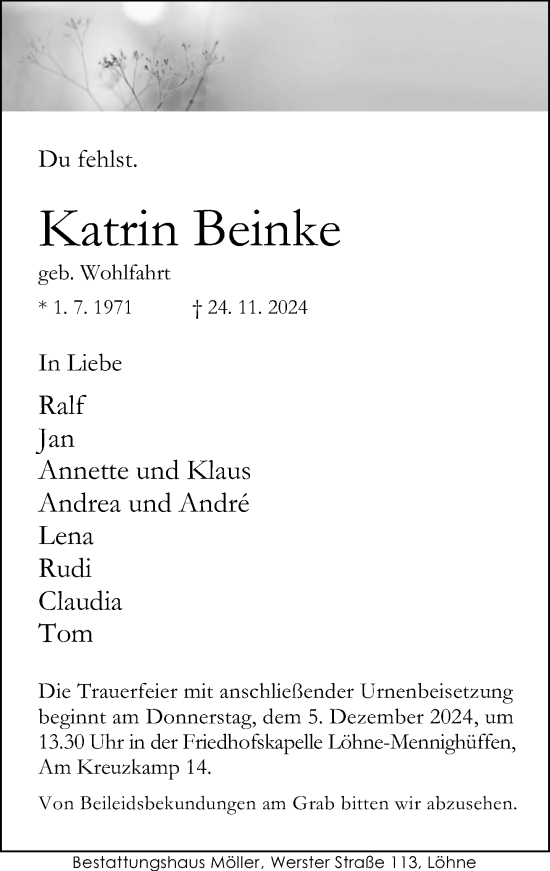 Traueranzeige von Katrin Beinke von Neue Westfälische