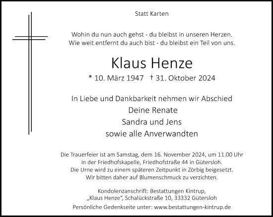 Traueranzeige von Klaus Henze von Neue Westfälische