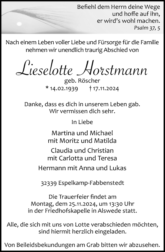 Traueranzeige von Lieselotte Horstmann von Neue Westfälische