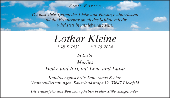 Traueranzeige von Lothar Kleine von Neue Westfälische