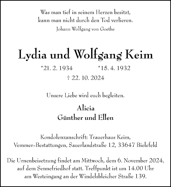 Traueranzeige von Lydia und Wolfgang Keim von Neue Westfälische