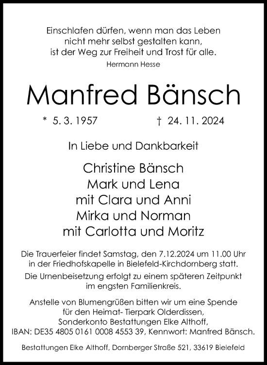 Traueranzeige von Manfred Bänsch von Neue Westfälische