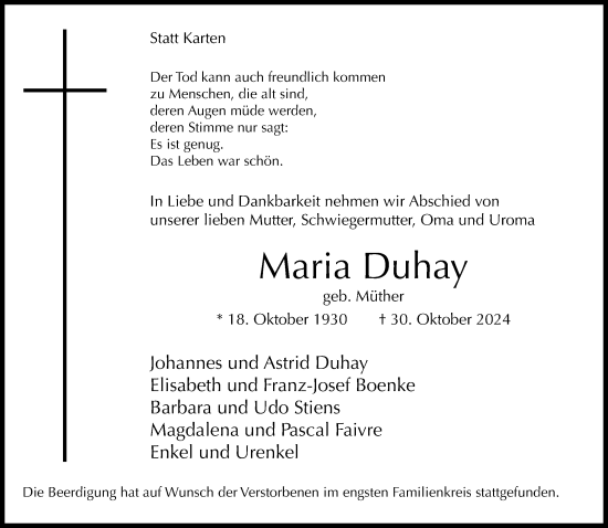 Traueranzeige von Maria Duhay von Neue Westfälische