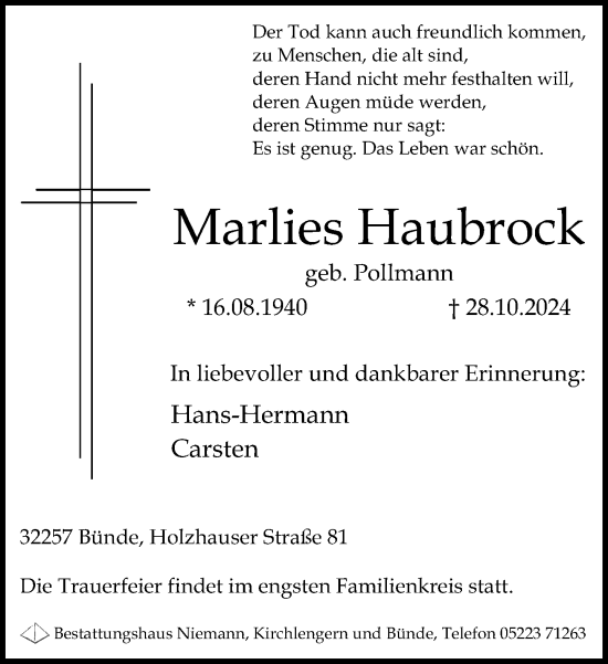 Traueranzeige von Marlies Haubrock von Neue Westfälische