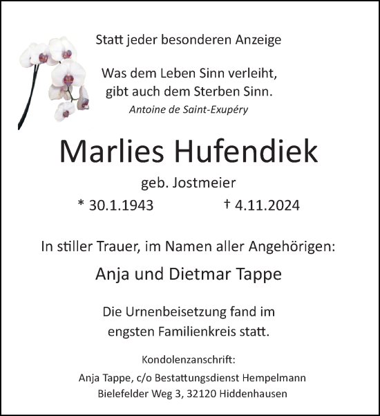 Traueranzeige von Marlies Hufendiek von Neue Westfälische