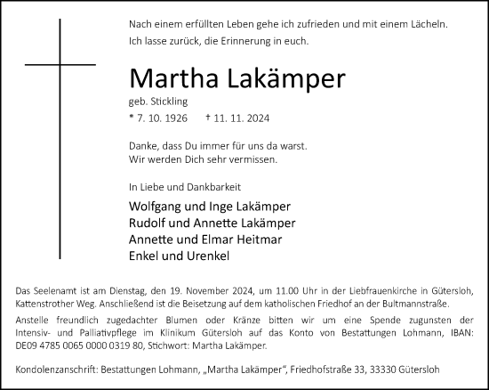 Traueranzeige von Martha Lakämper von Neue Westfälische