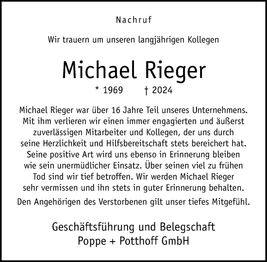 Traueranzeige von Michael Rieger von Neue Westfälische