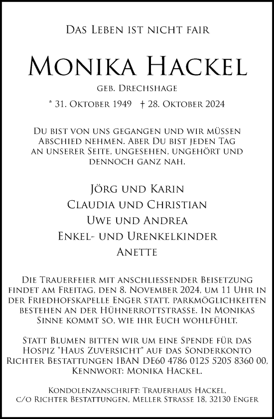 Traueranzeige von Monika Hackel von Neue Westfälische