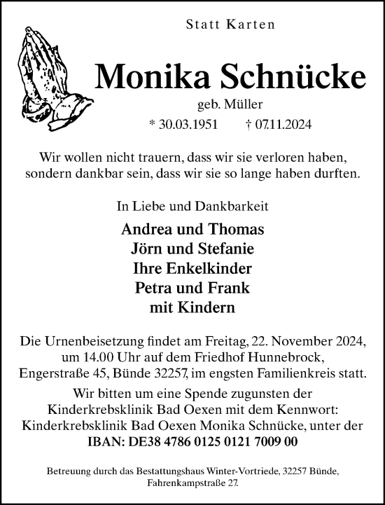 Traueranzeige von Monika Schnücke von Neue Westfälische