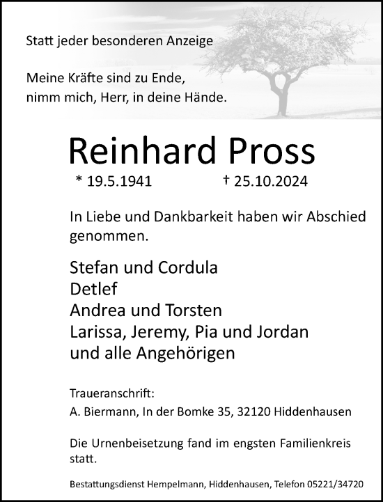 Traueranzeige von Reinhard Pross von Neue Westfälische