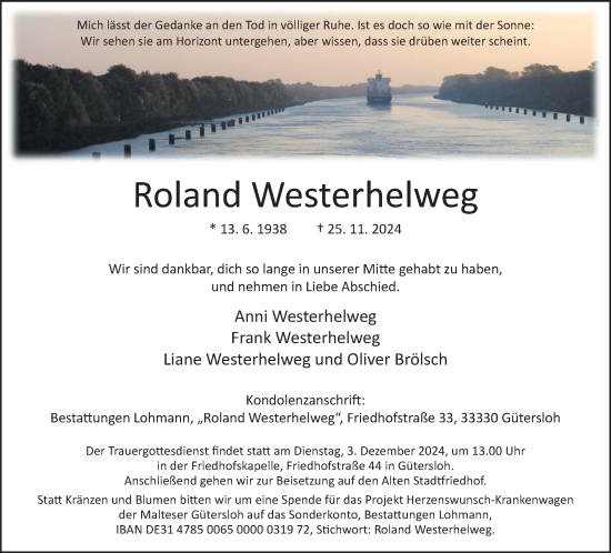 Traueranzeige von Roland Westerhelweg von Neue Westfälische