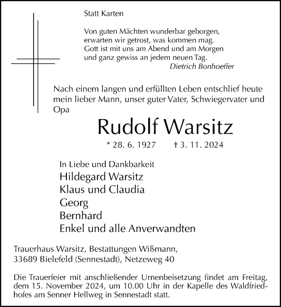 Traueranzeige von Rudolf Warsitz von Neue Westfälische