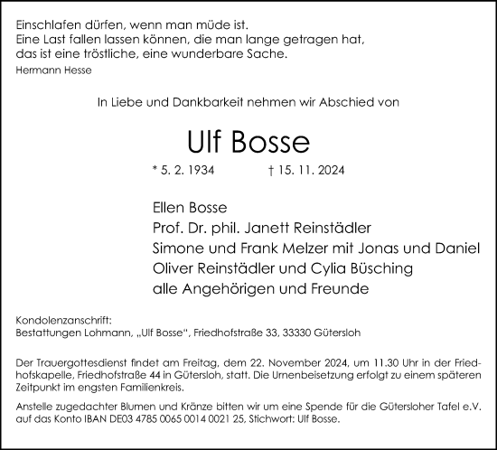 Traueranzeige von Ulf Bosse von Neue Westfälische