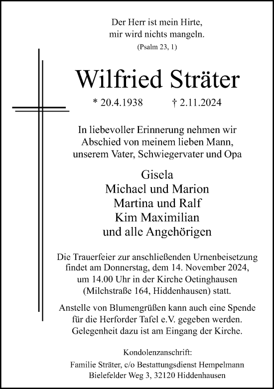 Traueranzeige von Wilfried Sträter von Neue Westfälische