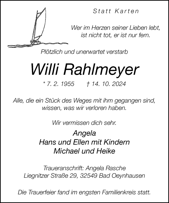 Traueranzeige von Willi Rahlmeyer von Neue Westfälische