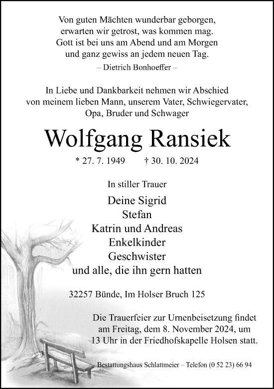 Traueranzeige von Wolfgang Ransiek von Neue Westfälische