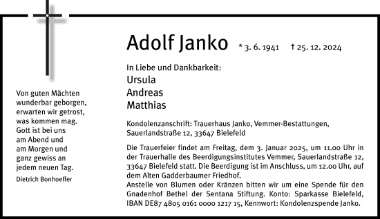 Traueranzeige von Adolf Janko von Neue Westfälische