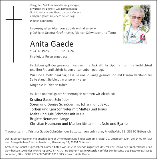 Traueranzeige von Anita Gaede von Neue Westfälische