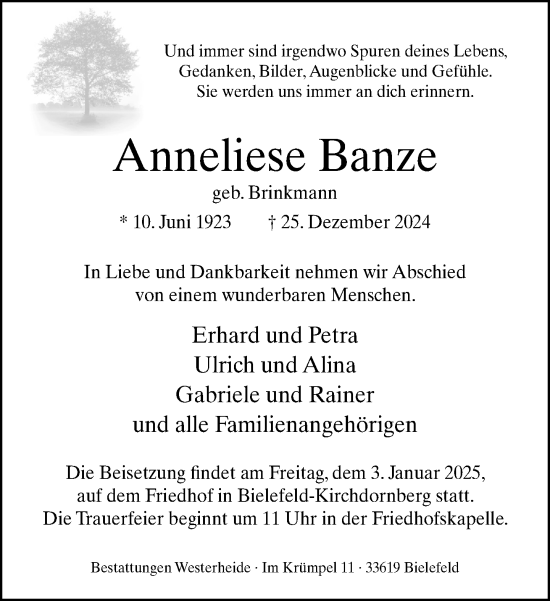 Traueranzeige von Anneliese Banze von Neue Westfälische