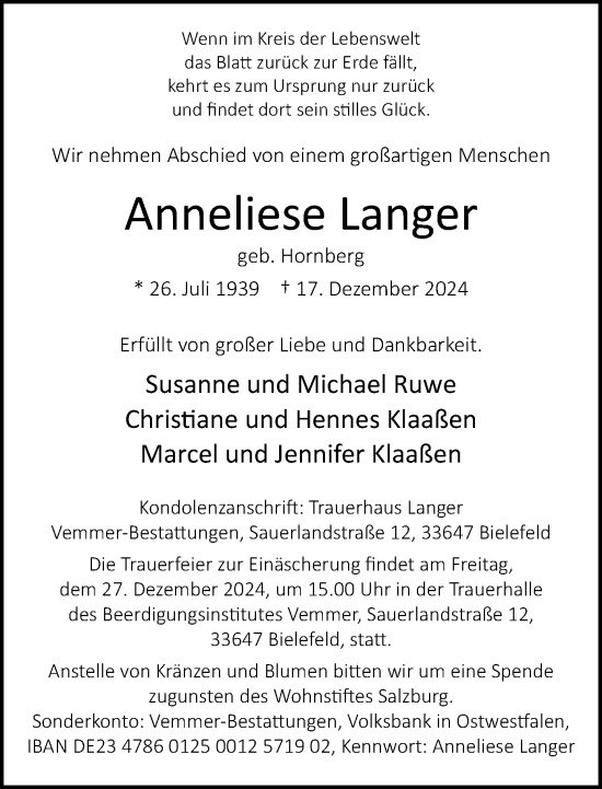 Traueranzeige von Anneliese Langer von Neue Westfälische