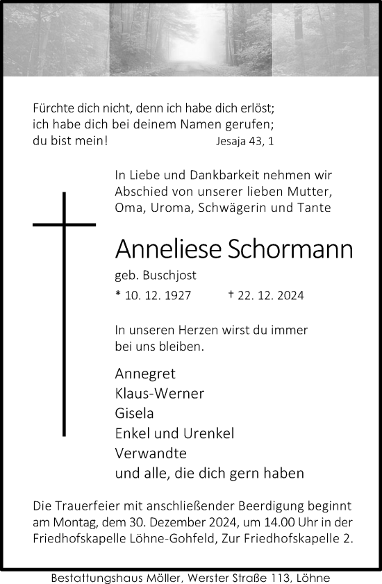 Traueranzeige von Anneliese Schormann von Neue Westfälische