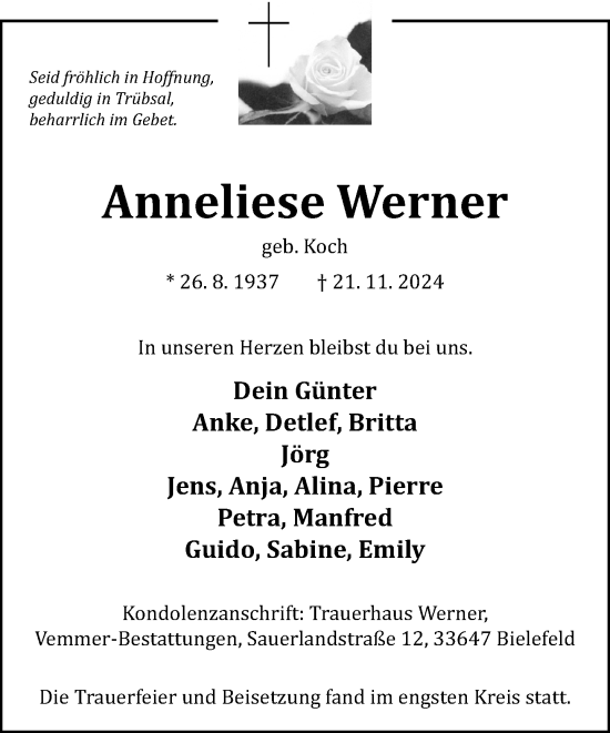 Traueranzeige von Anneliese Werner von Neue Westfälische