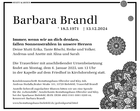 Traueranzeige von Barbara Brandl von Neue Westfälische