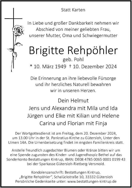 Traueranzeige von Brigitte Rehpöhler von Neue Westfälische