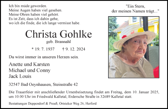 Traueranzeige von Christa Gohlke von Neue Westfälische