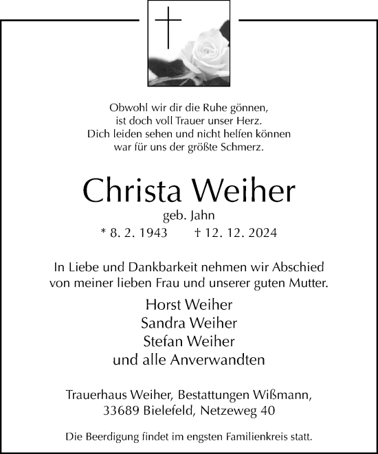 Traueranzeige von Christa Weiher von Neue Westfälische