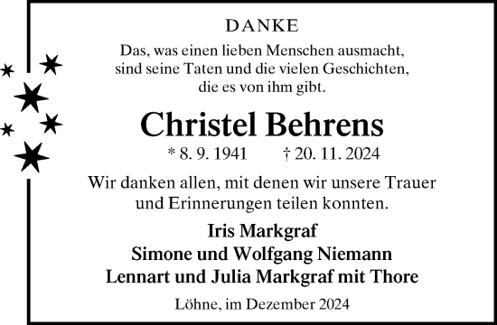 Traueranzeige von Christel Behrens von Neue Westfälische