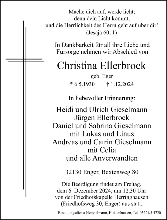 Traueranzeige von Christina Ellerbrock von Neue Westfälische