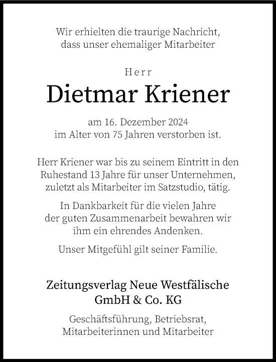 Traueranzeige von Dietmar Kriener von Neue Westfälische