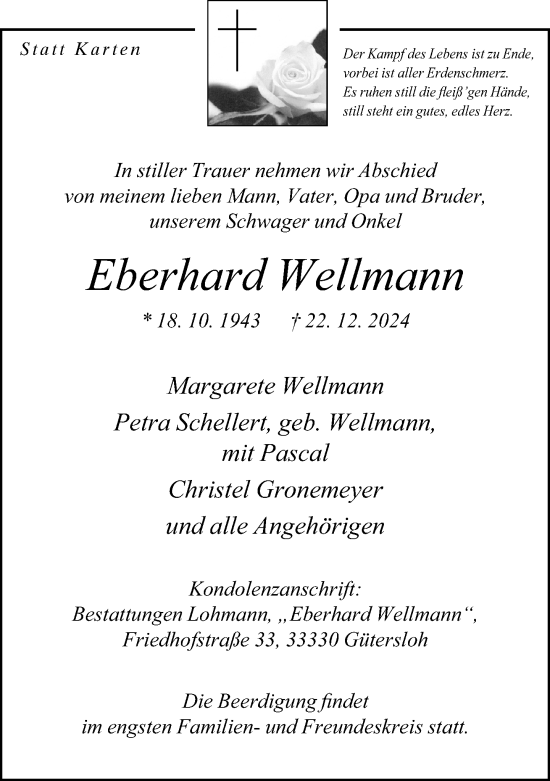 Traueranzeige von Eberhard Wellmann von Neue Westfälische